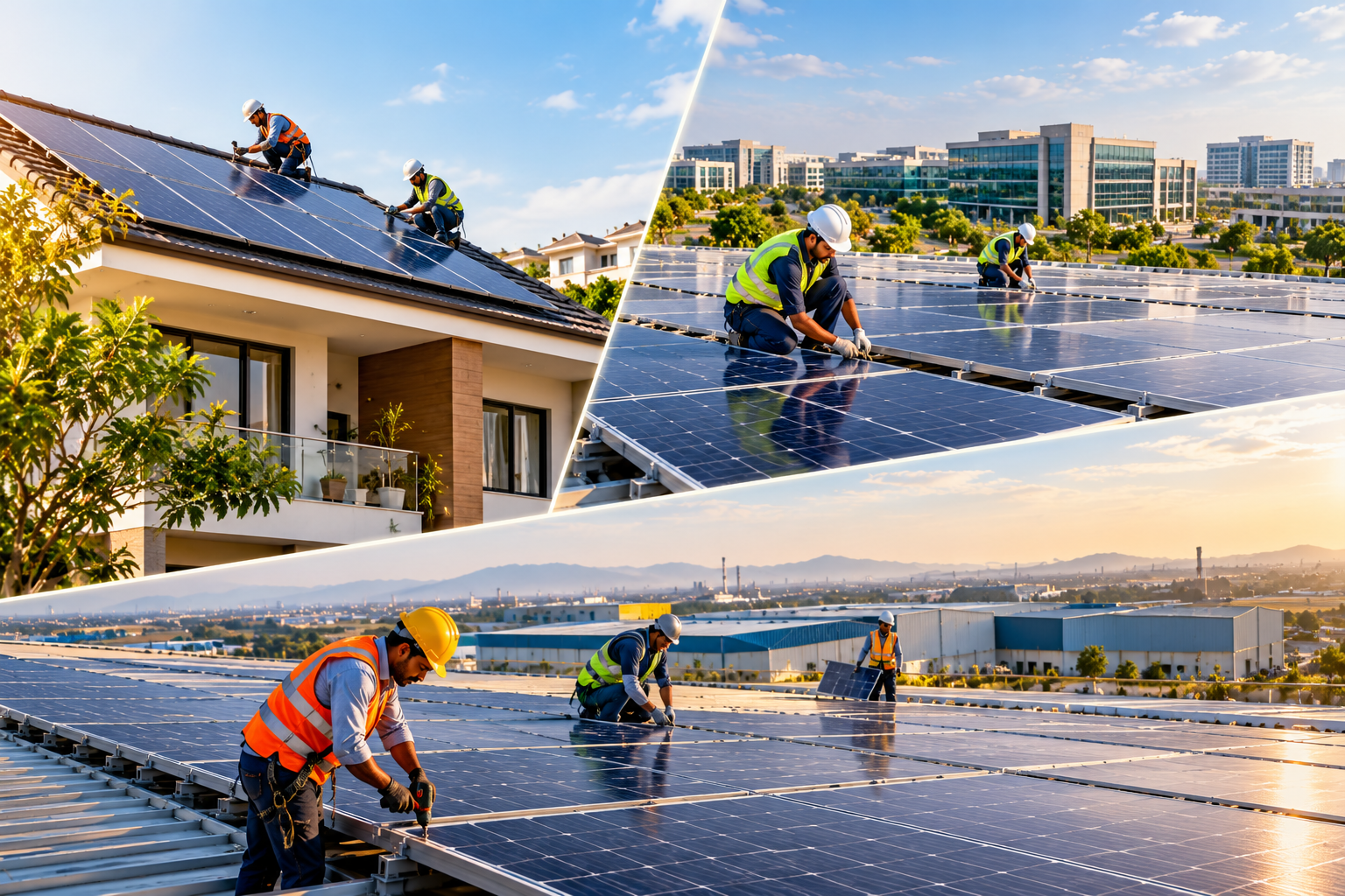 Indian home with rooftop solar panels in morning sunlight